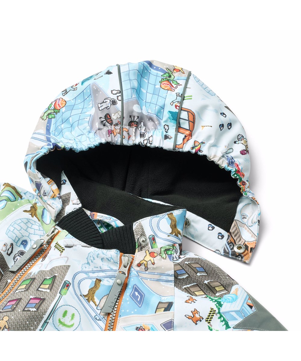 Hopla - Pixel Winter - Wind and waterproof winter jacket for children made of recycled polyester with a pixelated print of the real world, fun characters from Molo's collections, and a lot of exciting stories that are fun to explore in the colorful universe, lined with 3M™ Thin