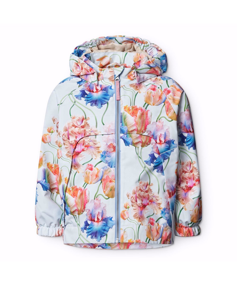 Hoplas - Tulip Blue - Light blue wind- and waterproof jacket for children in recycled polyester with a colourful all-over print of artistic tulips.