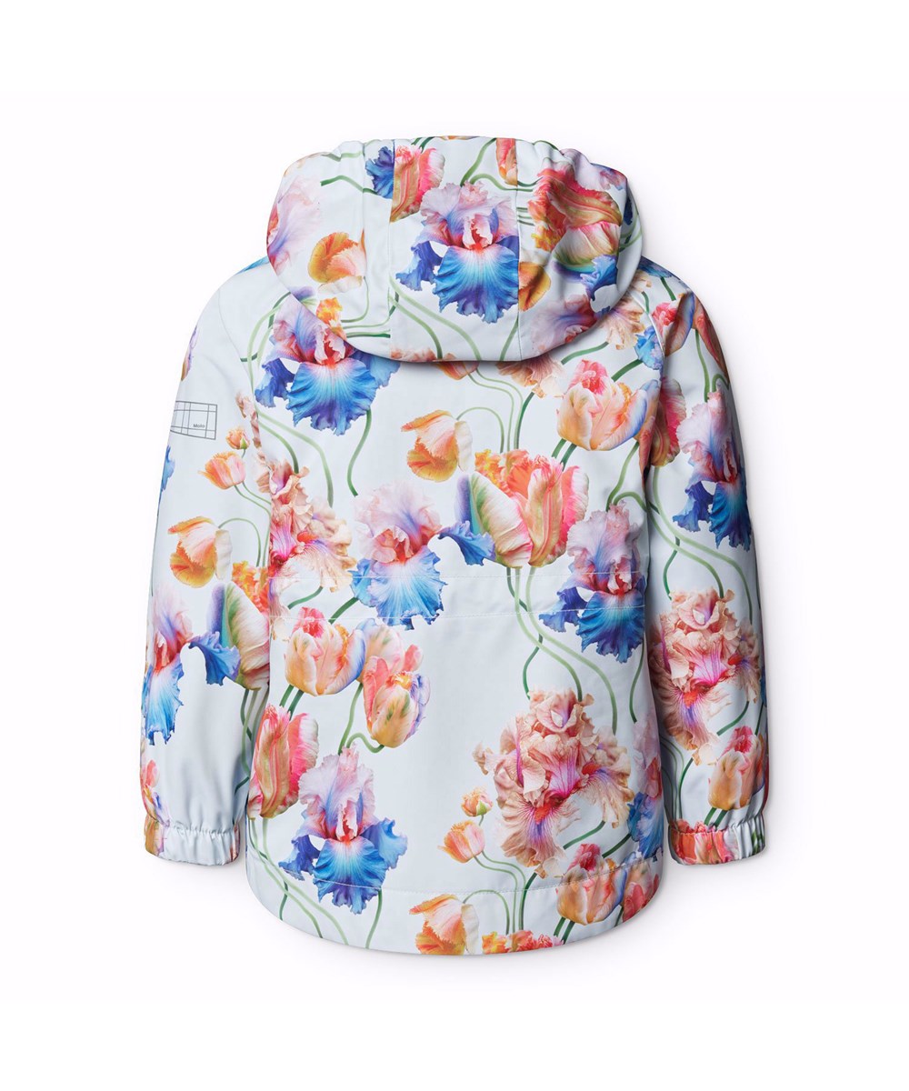 Hoplas - Tulip Blue - Light blue wind- and waterproof jacket for children in recycled polyester with a colourful all-over print of artistic tulips.