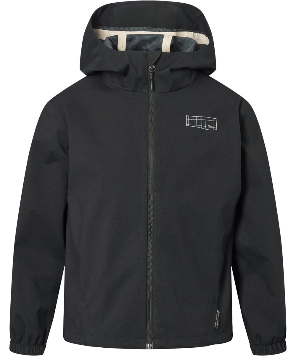 Horizon - Black - Black wind- and waterproof jacket for children with hood and laminated interior made from recycled polyester.