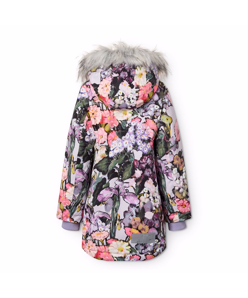 Peace - Flower Art - Wind- and waterproof floral jacket for children in recycled nylon with practical zip closure, high collar, and detachable hood with faux fur trim.