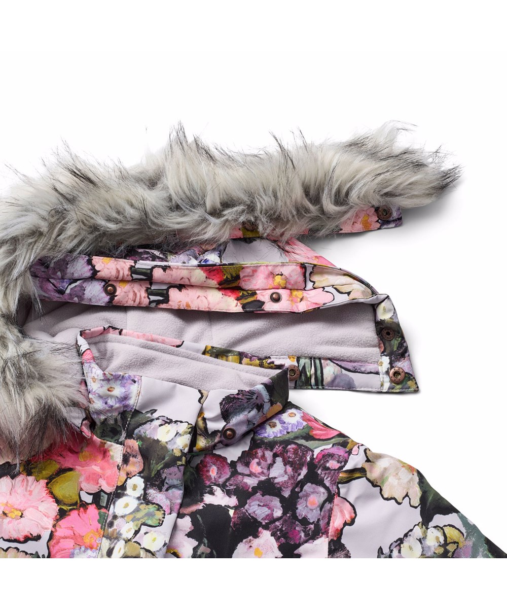 Peace - Flower Art - Wind- and waterproof floral jacket for children in recycled nylon with practical zip closure, high collar, and detachable hood with faux fur trim.