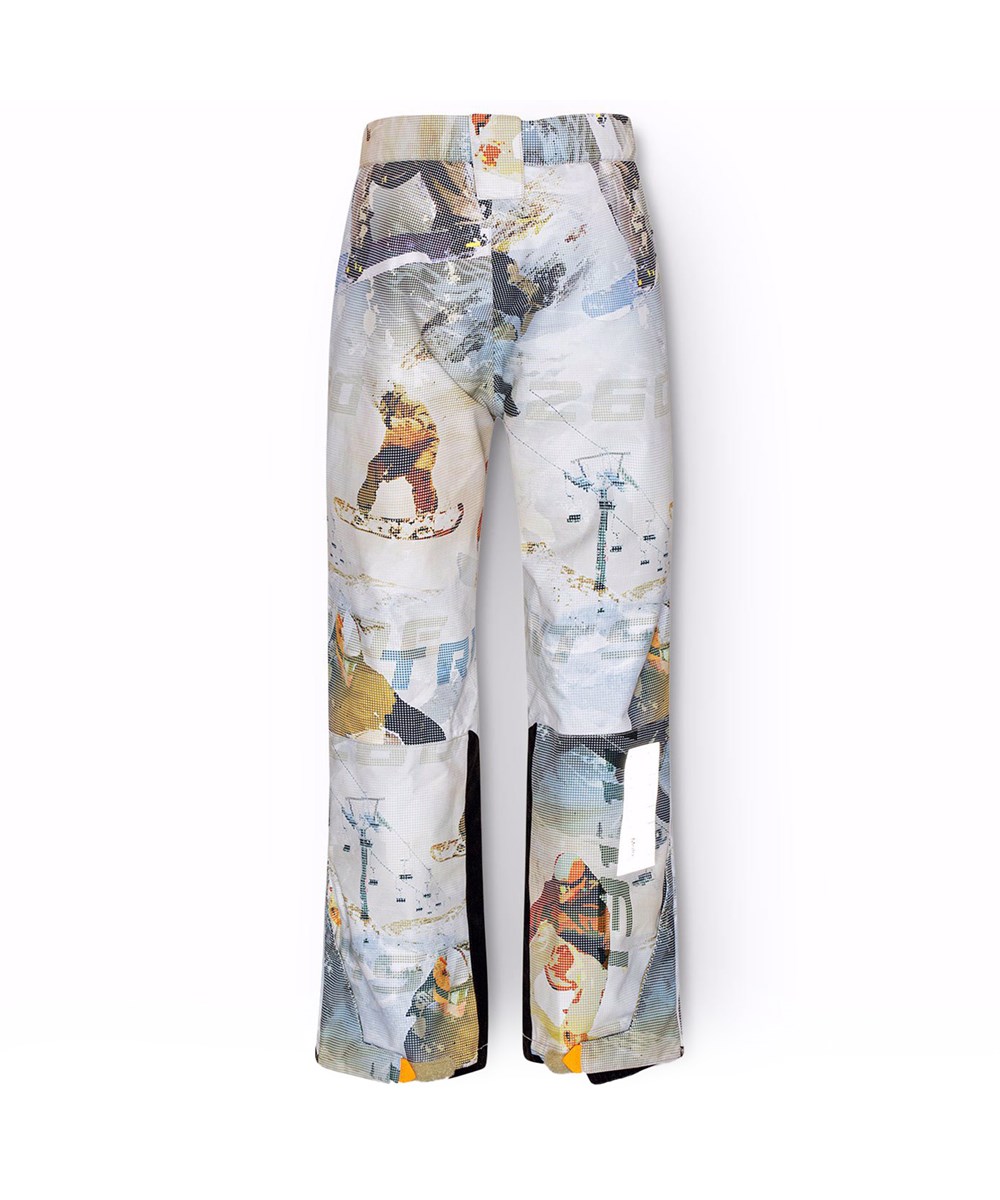 Jump Pro - Spin 1260 - Wind- and waterproof children's trousers in recycled polyester with a pixel print of a cool snowboarder in the Alps.