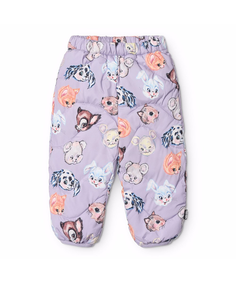 Percy - Itty Bitty Purple - Water-repellent purple thermal trousers for the little ones with a print of animals from old cartoons. It is made of recycled polyester with purple edges.