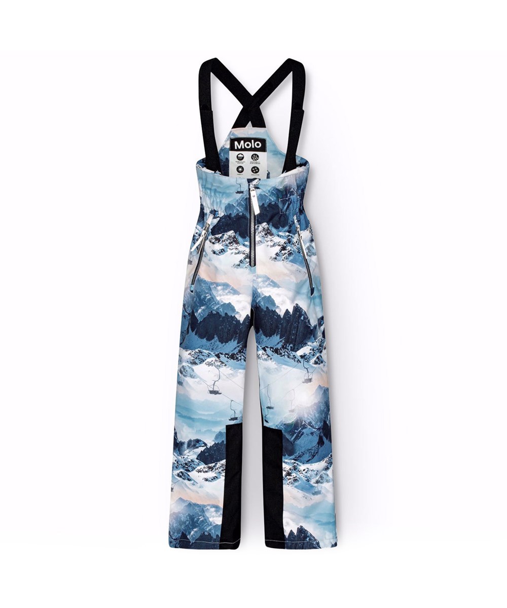 Play Pro - Mountain High - Wind- and waterproof children's trousers in recycled polyester with a winter landscape print in shades of blue.