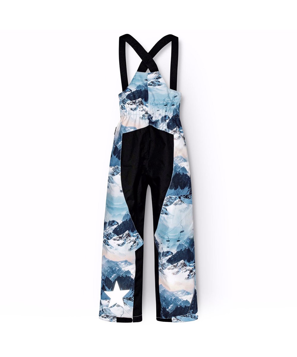 Play Pro - Mountain High - Wind- and waterproof children's trousers in recycled polyester with a winter landscape print in shades of blue.