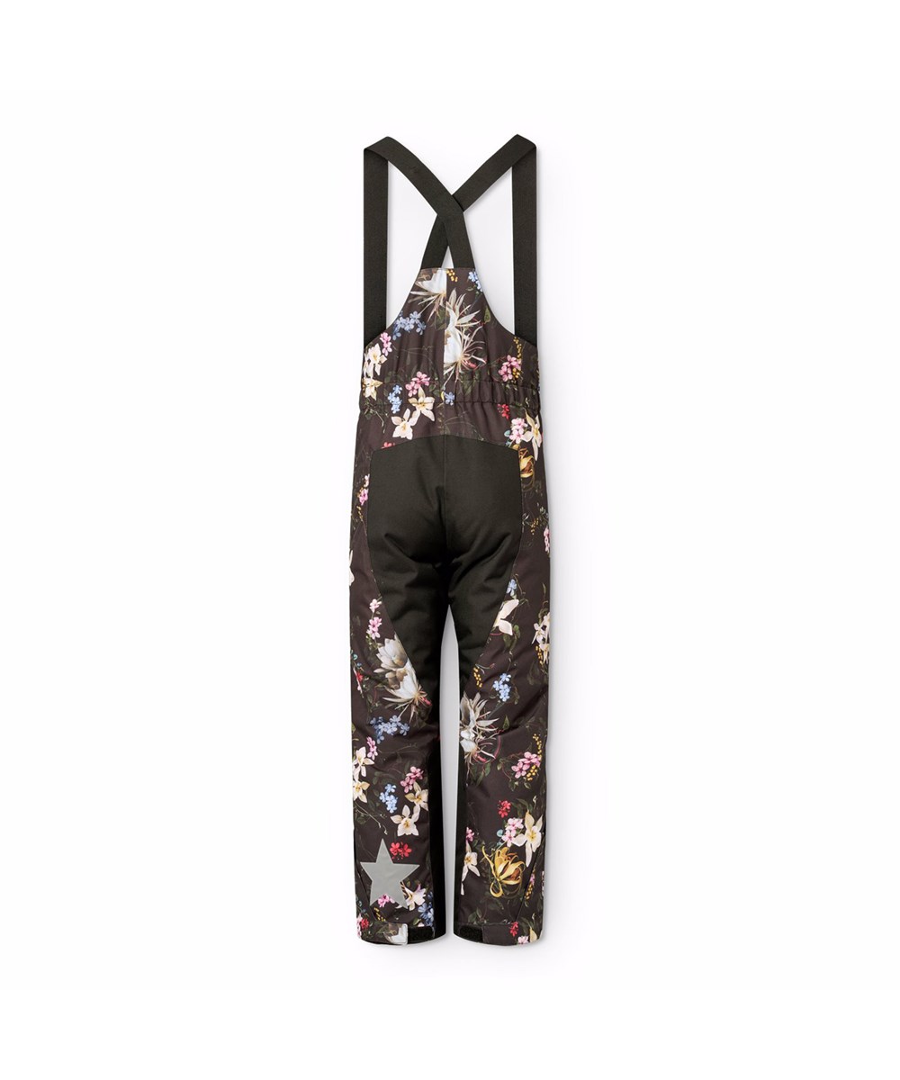 Play Pro - Paisley Flowers - Black wind and waterproof ski pants for children made of recycled polyester with a print of colourful flowers. The ski pants have adjustable braces and are padded with 3M™ Thinsulate™.