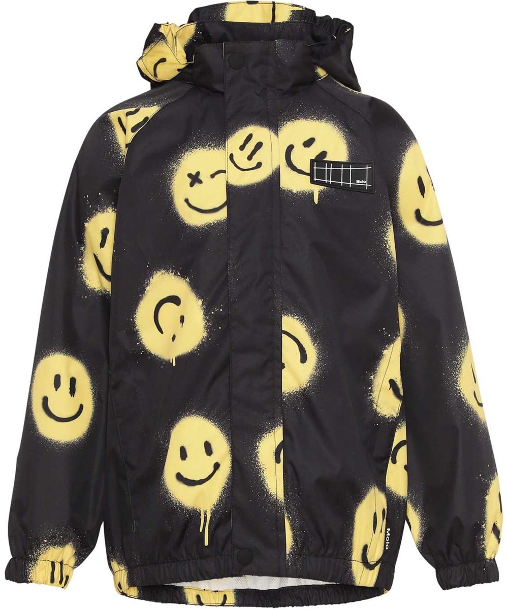 Waiton - Happy! - Lightweight and breathable rain jacket in black with smiley face print