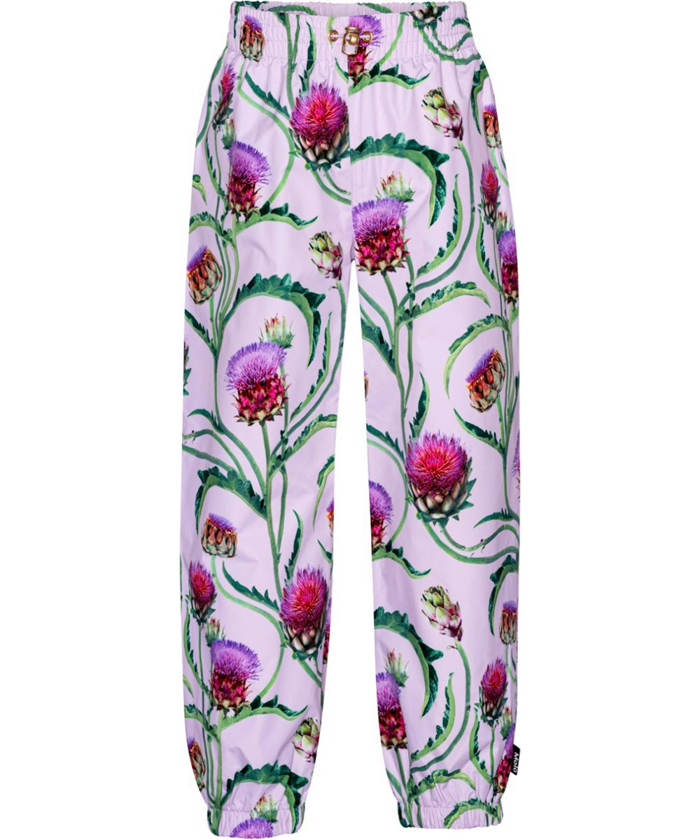 Waits - Artichoke Bloom - Pink, breathable rain trousers in floral print
