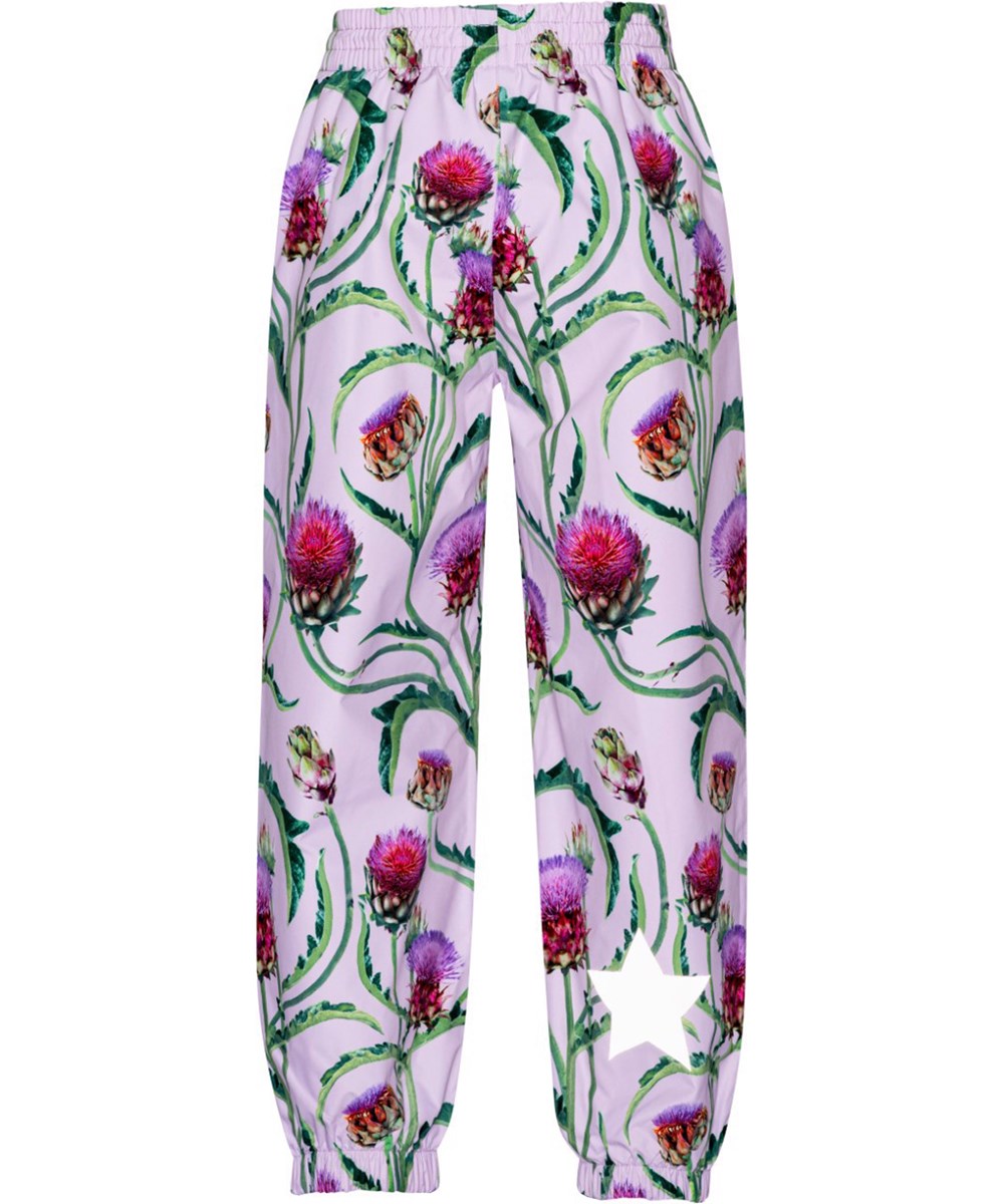 Waits - Artichoke Bloom - Pink, breathable rain trousers in floral print