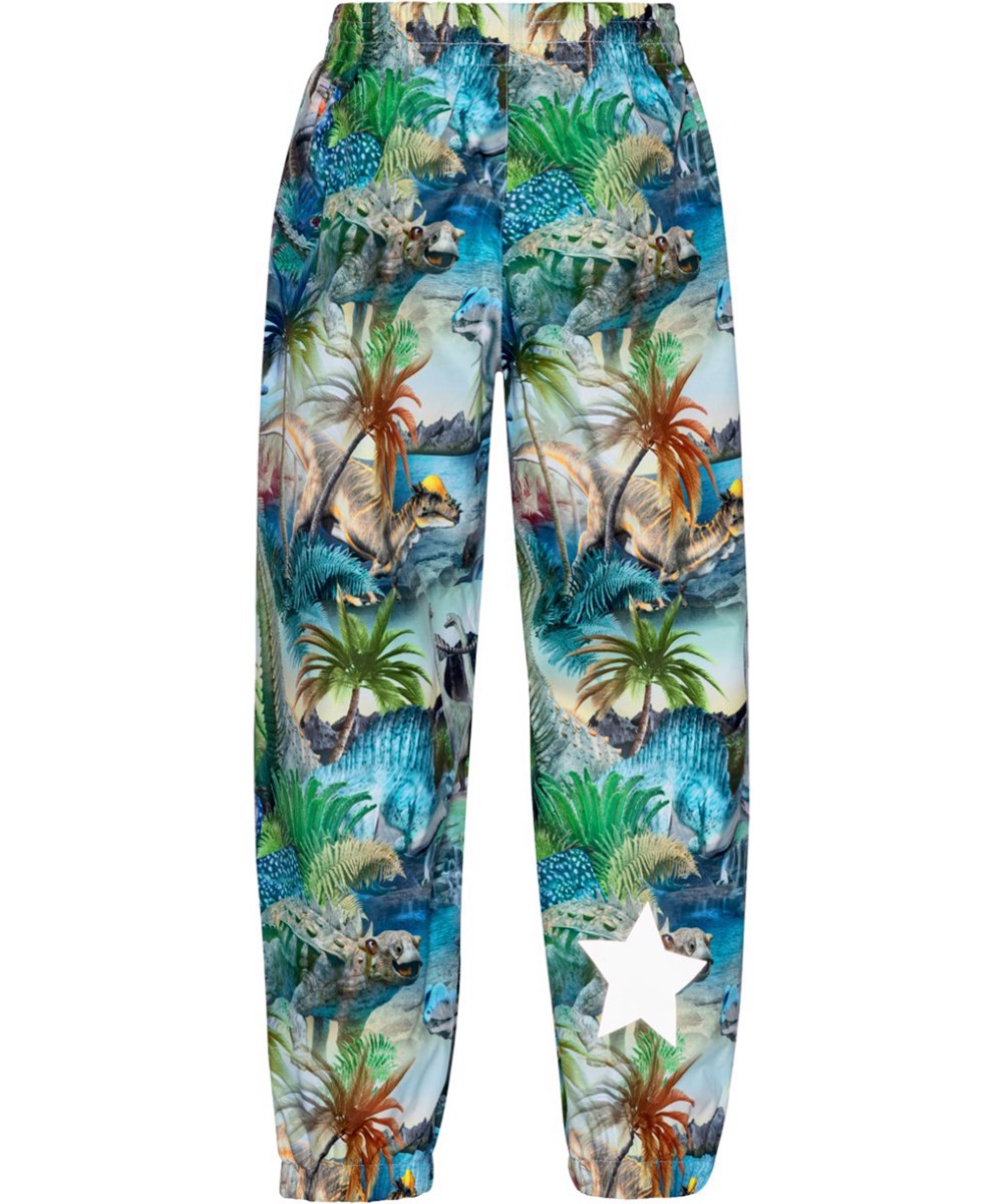 Waits - Dino Fantastic - Blue and green, breathable rain trousers with dinosaur print