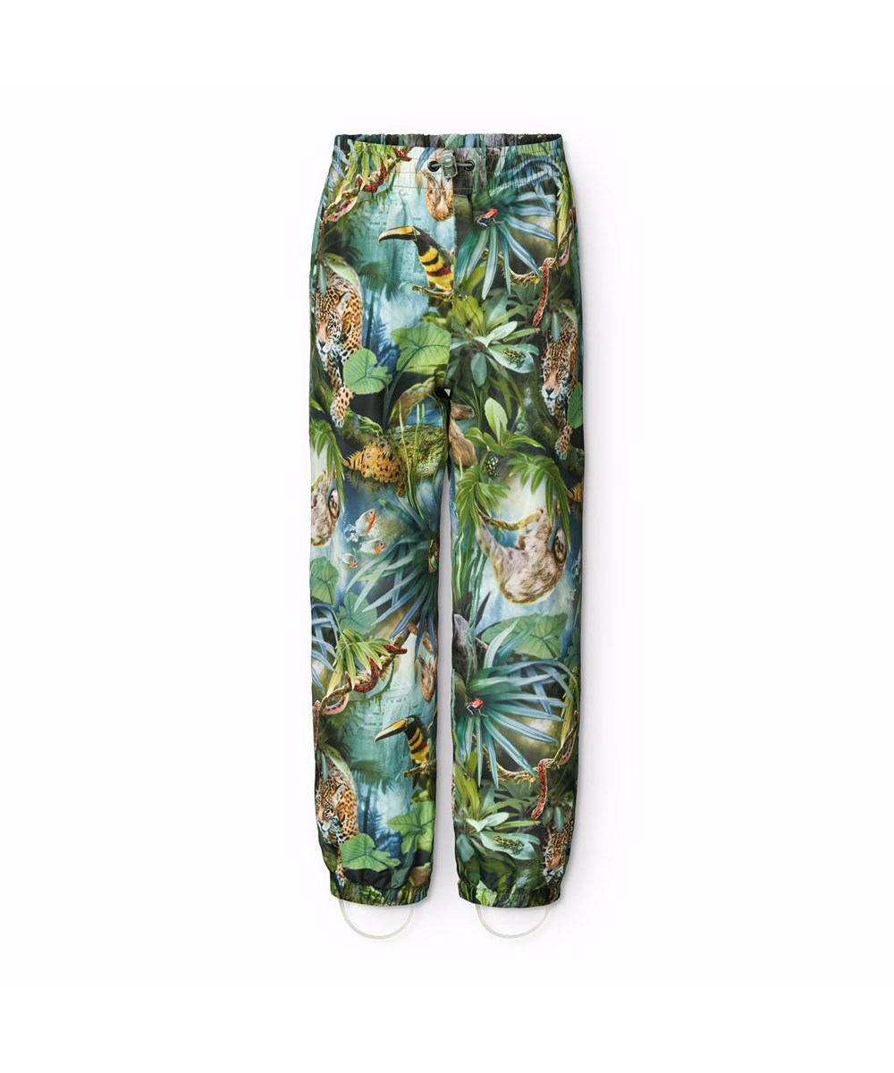 Waits - Jungle Life - Green wind and waterproof rain trousers for children in durable and recycled polyester.