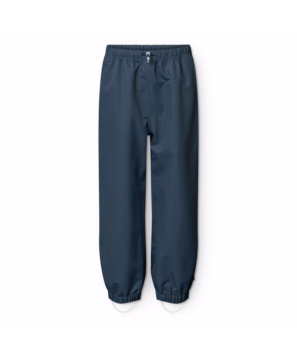 Waits - Mood Blue - Dark blue wind and waterproof rain trousers for children in durable and recycled polyester.