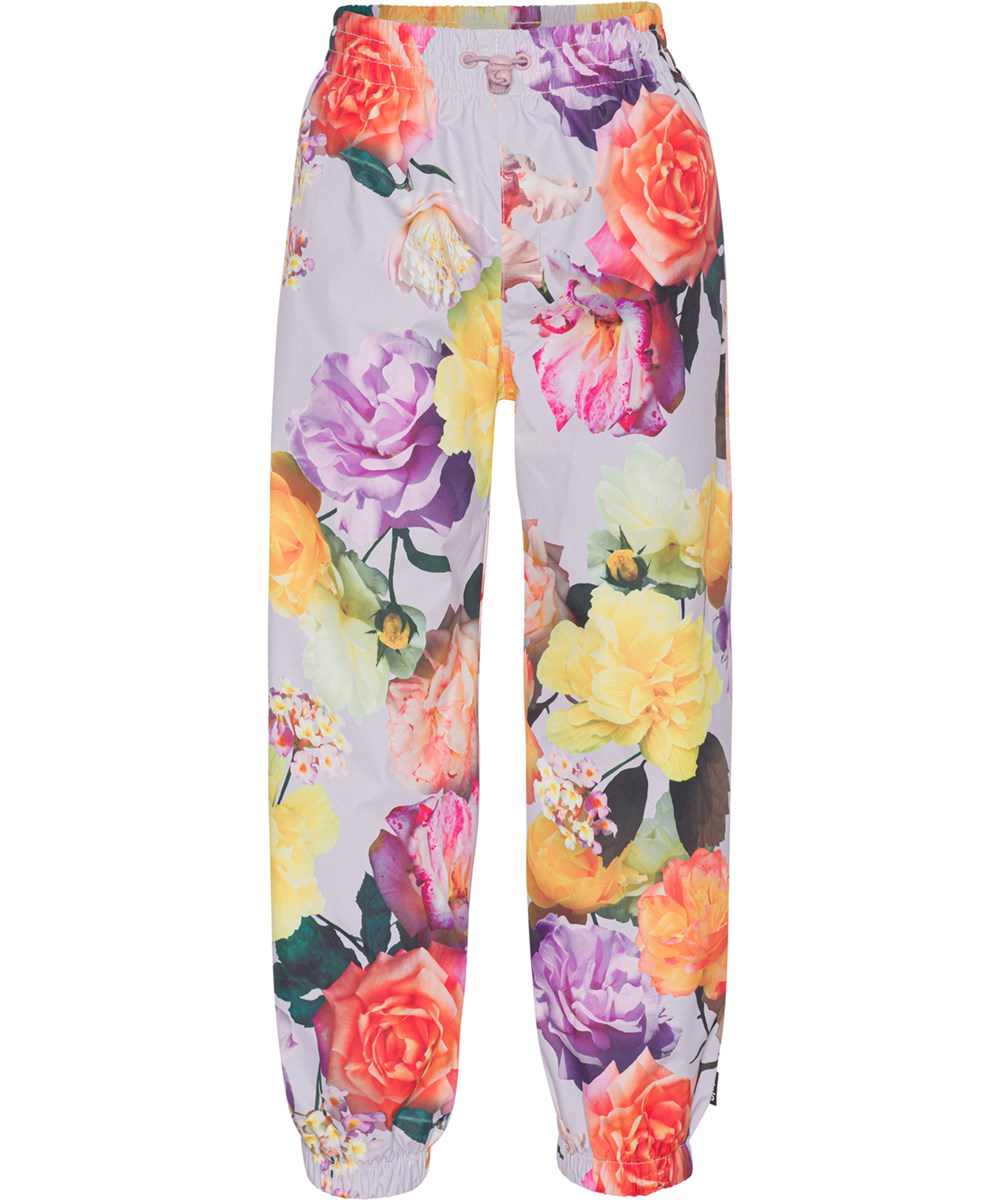 Waits - Rose Park Pink - Rain trousers in light purple with large floral print