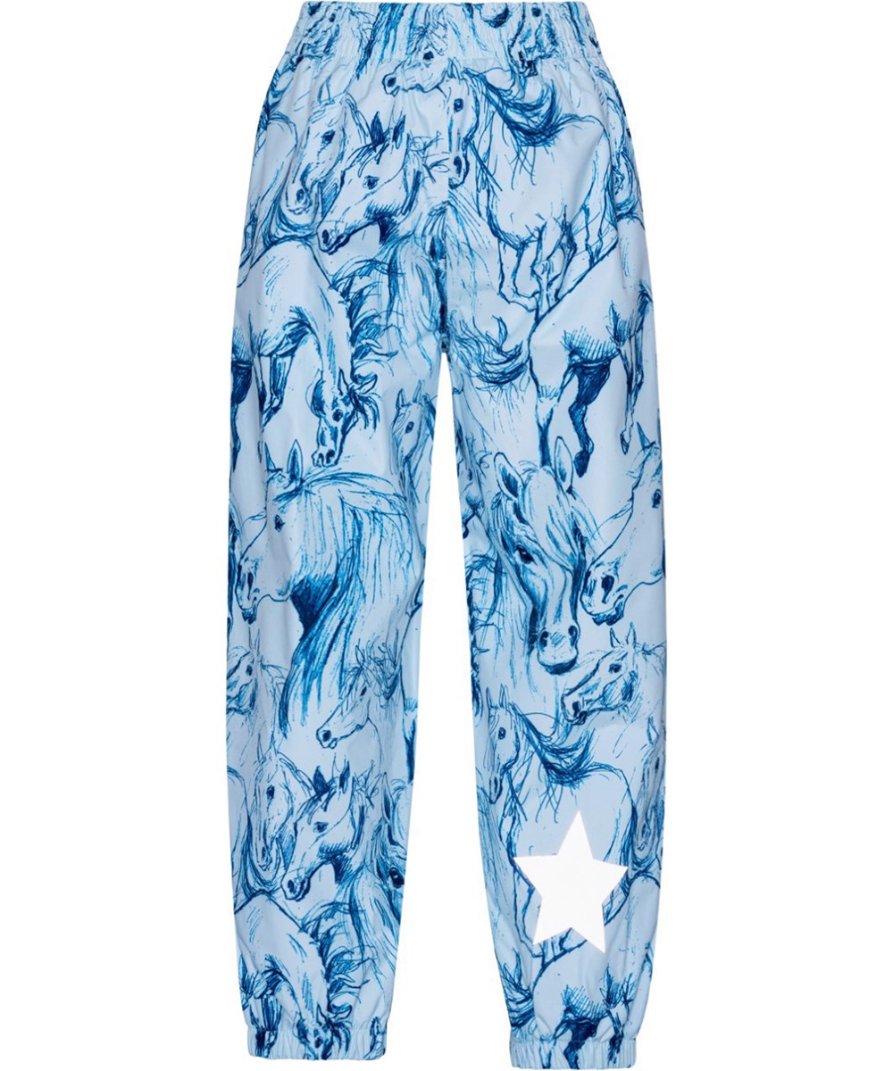 Waits - Sky Blue Horses - Light blue, breathable rain trousers in horse sketch print