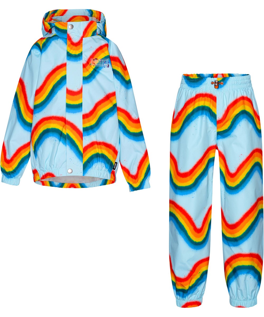Whalley - Rainbow Waves - Light blue, breathable children's rain set in rainbow print