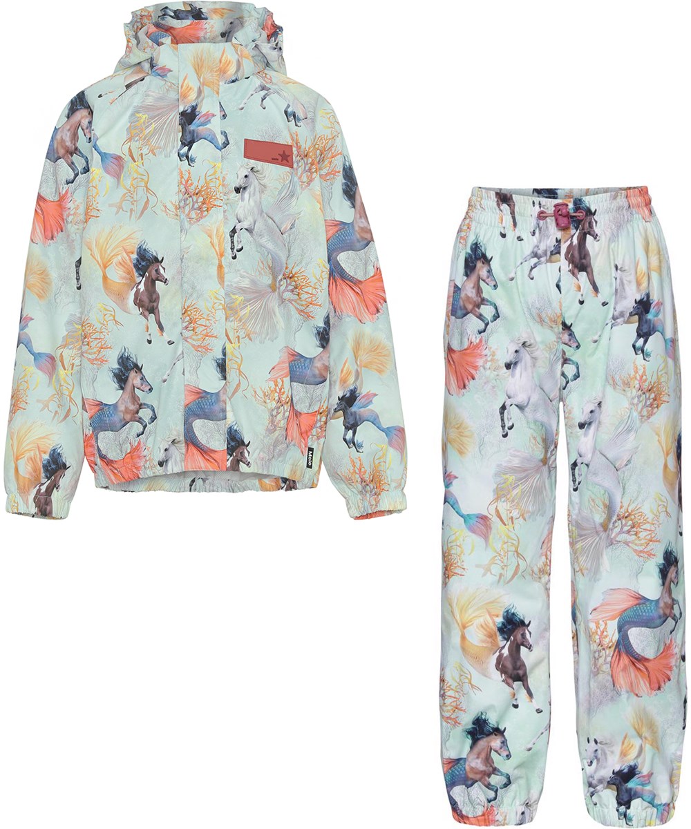 Whalley - Swiming Horses - Light blue rainwear set with seahorse print 