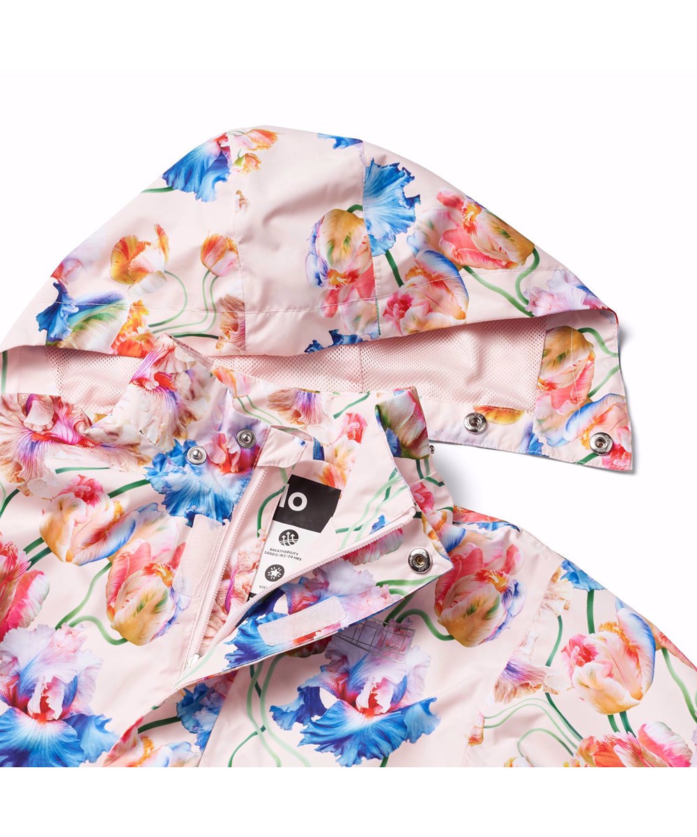 Whalley - Tulip Pink - Pink wind and waterproof rain set in recycled polyester with an all-over print of artistic tulips