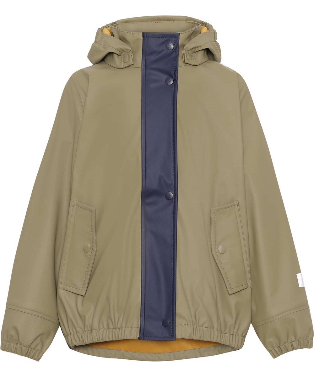 Zan - Khaki Green Block - Recycled rubber rain jacket in colour blocking navy and khaki