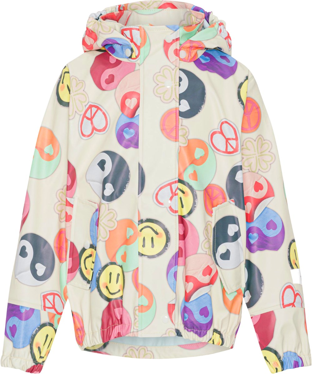 Zan - Yin Yang - Rubber rain jacket with a print of smiling faces, hearts, peace signs and yin/yang symbols