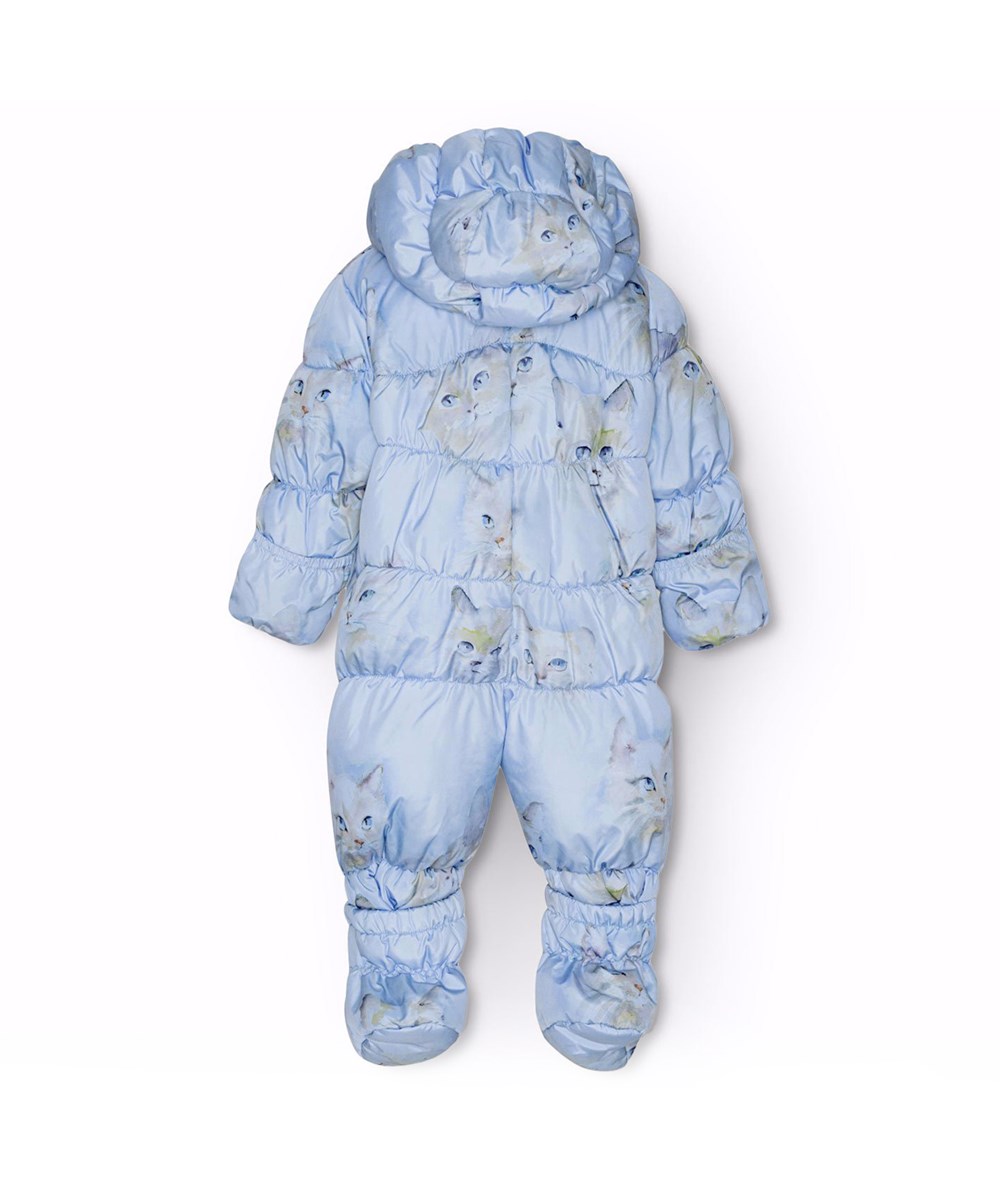 Hebe - Aquarelle Blue - Water-repellent, light blue baby snowsuit with watercolour-painted cat faces in recycled polyester.