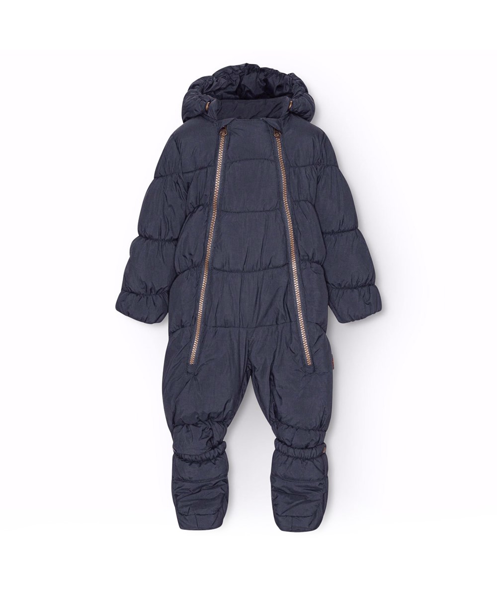 Hebe - Dark Night - Water-repellent dark blue baby snowsuit in recycled polyester.