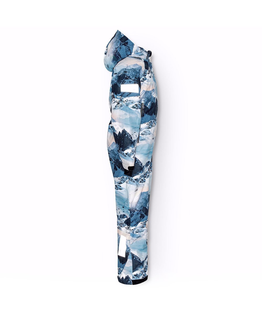 Hux - Mountain High - Children's snowsuit in recycled polyester with a winter landscape print in shades of blue.
