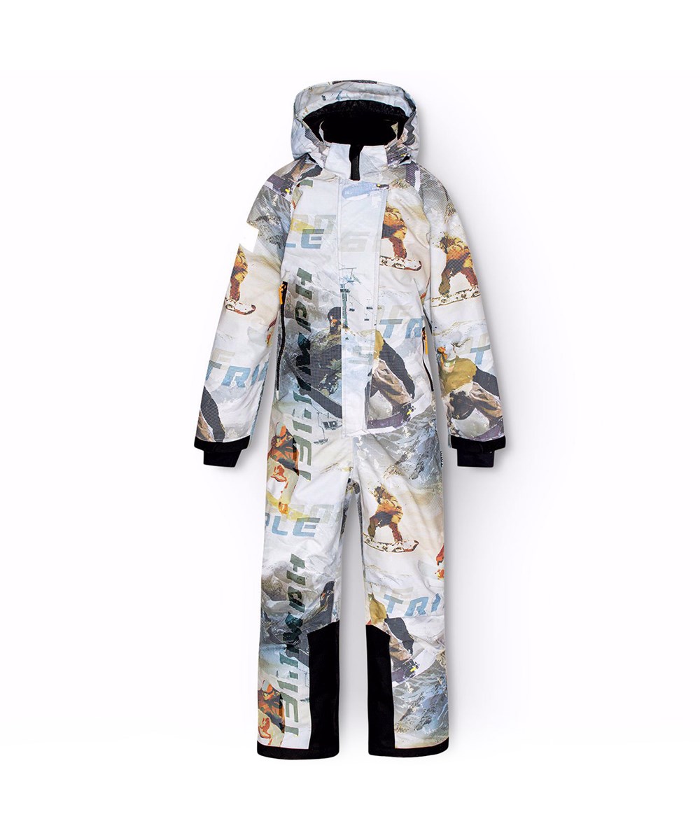 Hux - Spin 1260 - Children's snowsuit in recycled polyester with a pixel print of a cool snowboarder in the Alps.