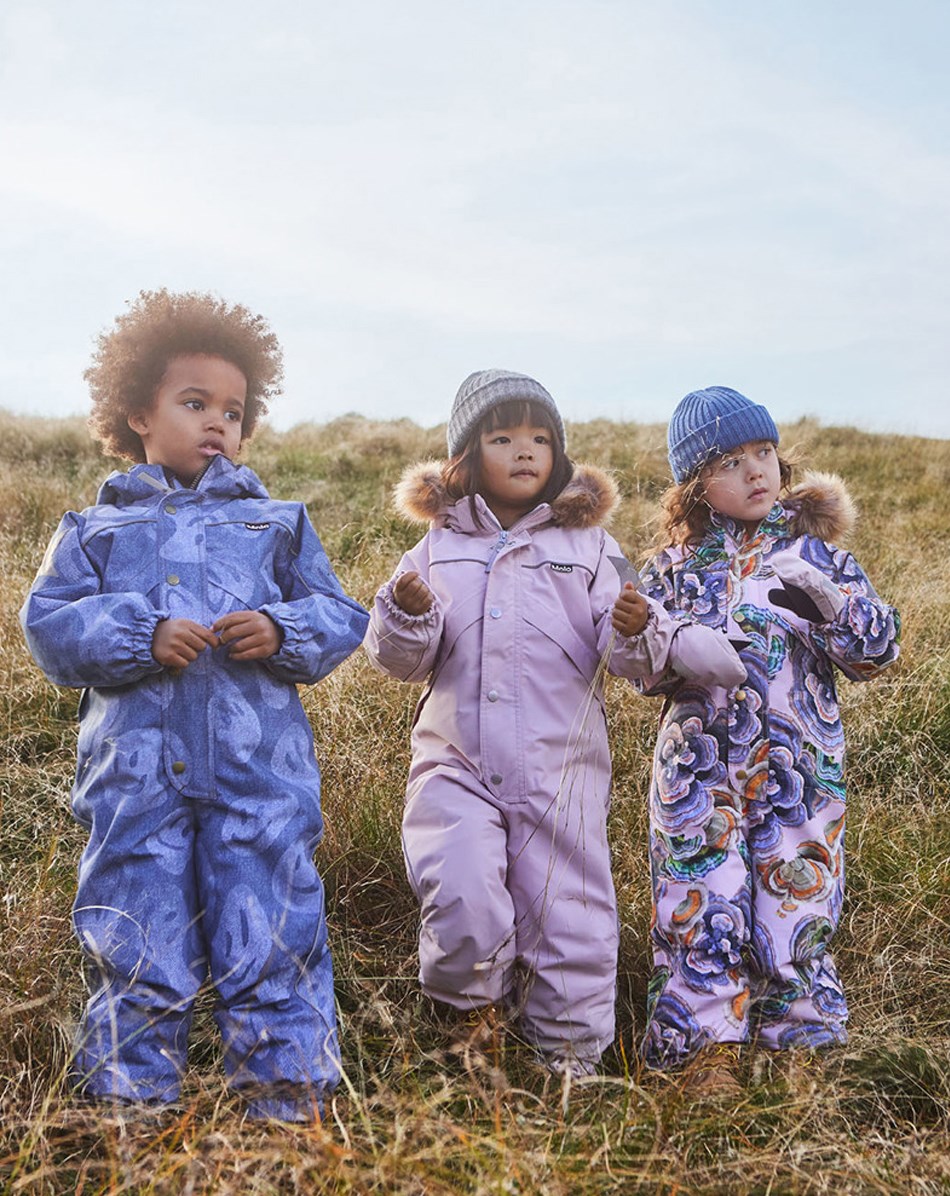 Polaris - Denim Swirley - Recycled snowsuit with blue denim and facesN196