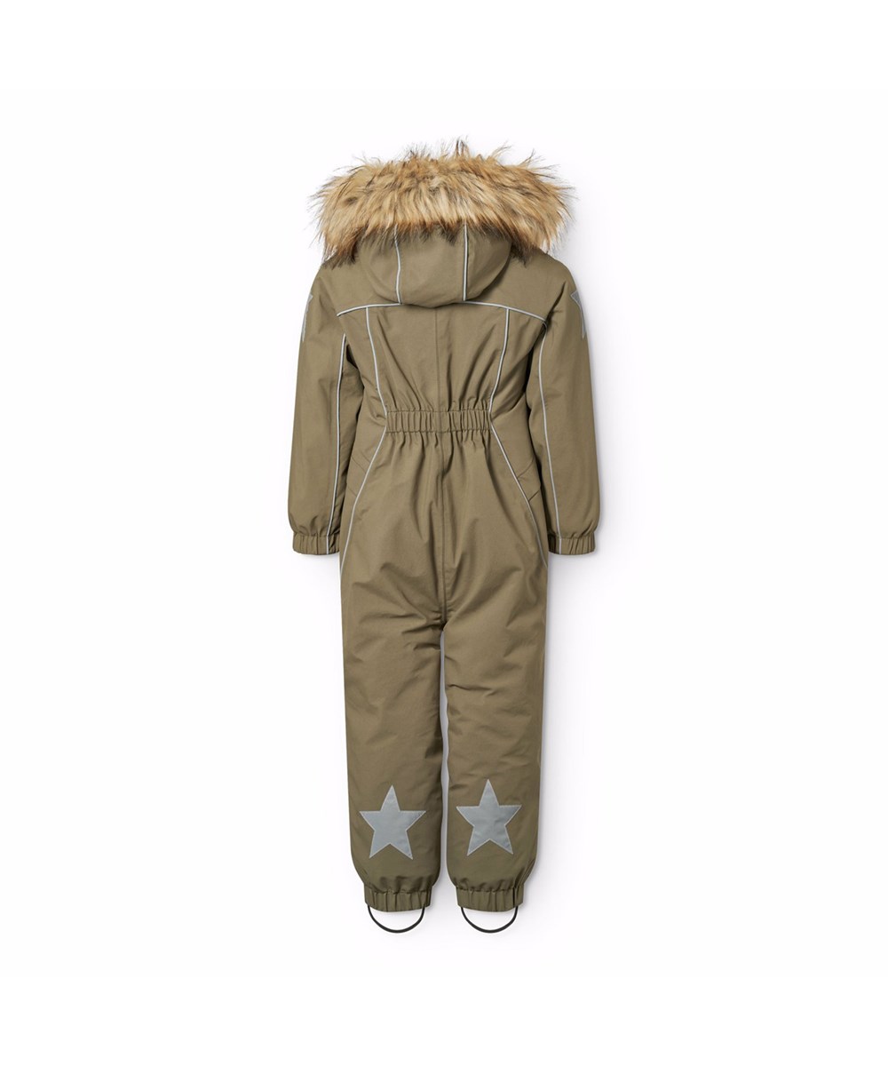 Polaris Fur - Bark Green - Wind and waterproof dark green snowsuit for a cold winter or ski holiday in recycled nylon and padded with 3M™ Thinsulate™.