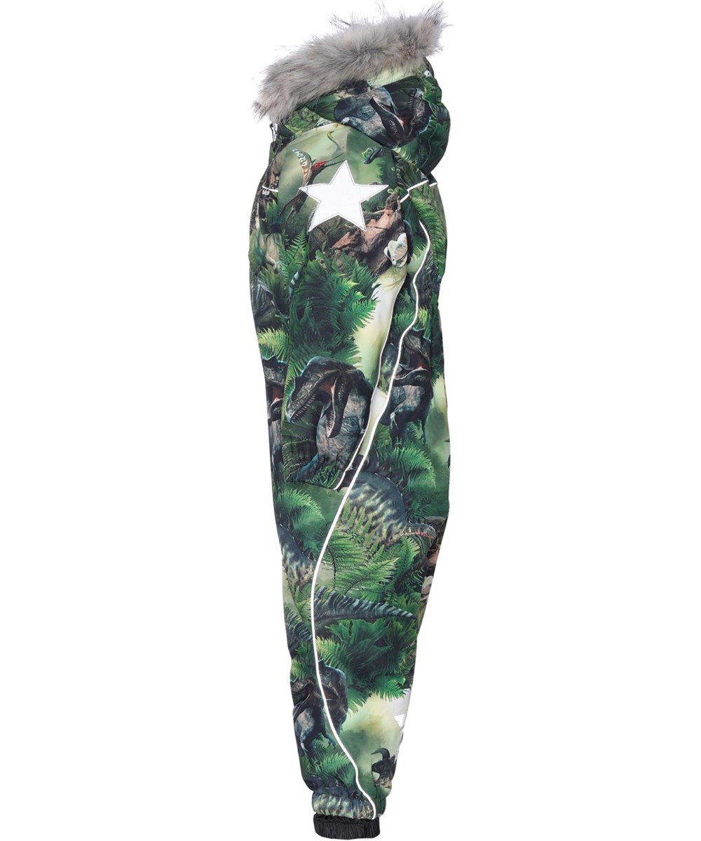 Polaris Fur - Dino Forest - Recycled green snowsuit with dinosaur print and fur