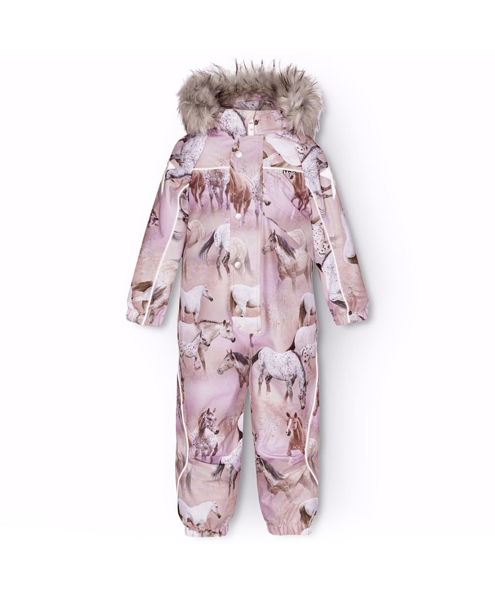Polaris Fur - Dreamy Horses - Children's snowsuit in recycled polyester with a beautiful horse print in shades of pink and purple on a dreamy background.