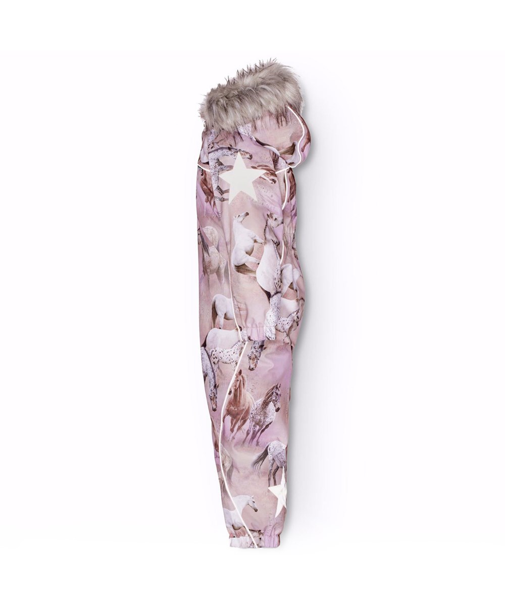 Polaris Fur - Dreamy Horses - Children's snowsuit in recycled polyester with a beautiful horse print in shades of pink and purple on a dreamy background.