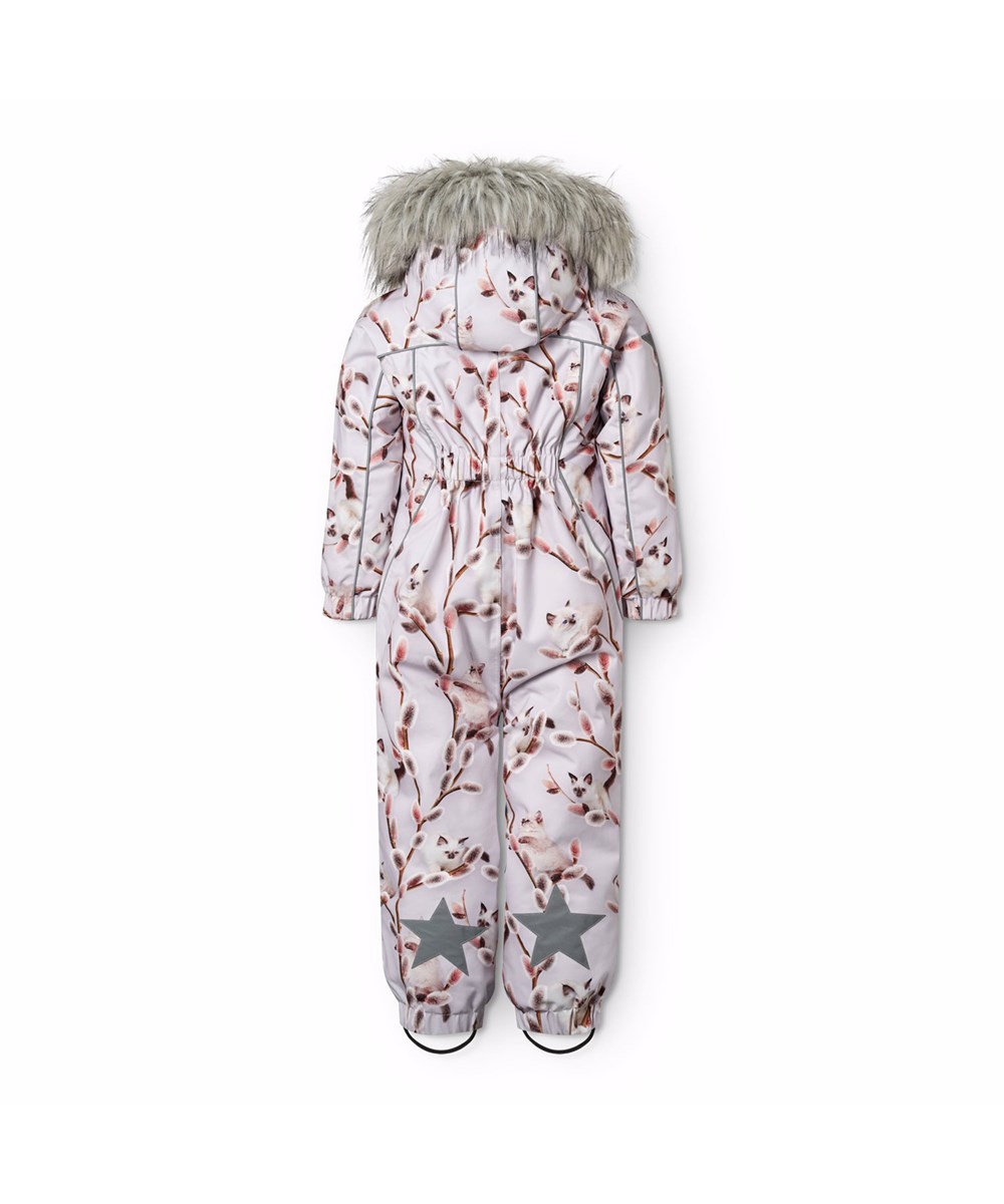 Polaris Fur - Willow Kitten - Wind and waterproof snowsuit with a print of beautiful willow branches and white kitten for a cold winter or ski holiday made of recycled polyester and padded with 3M™ Thinsulate™.