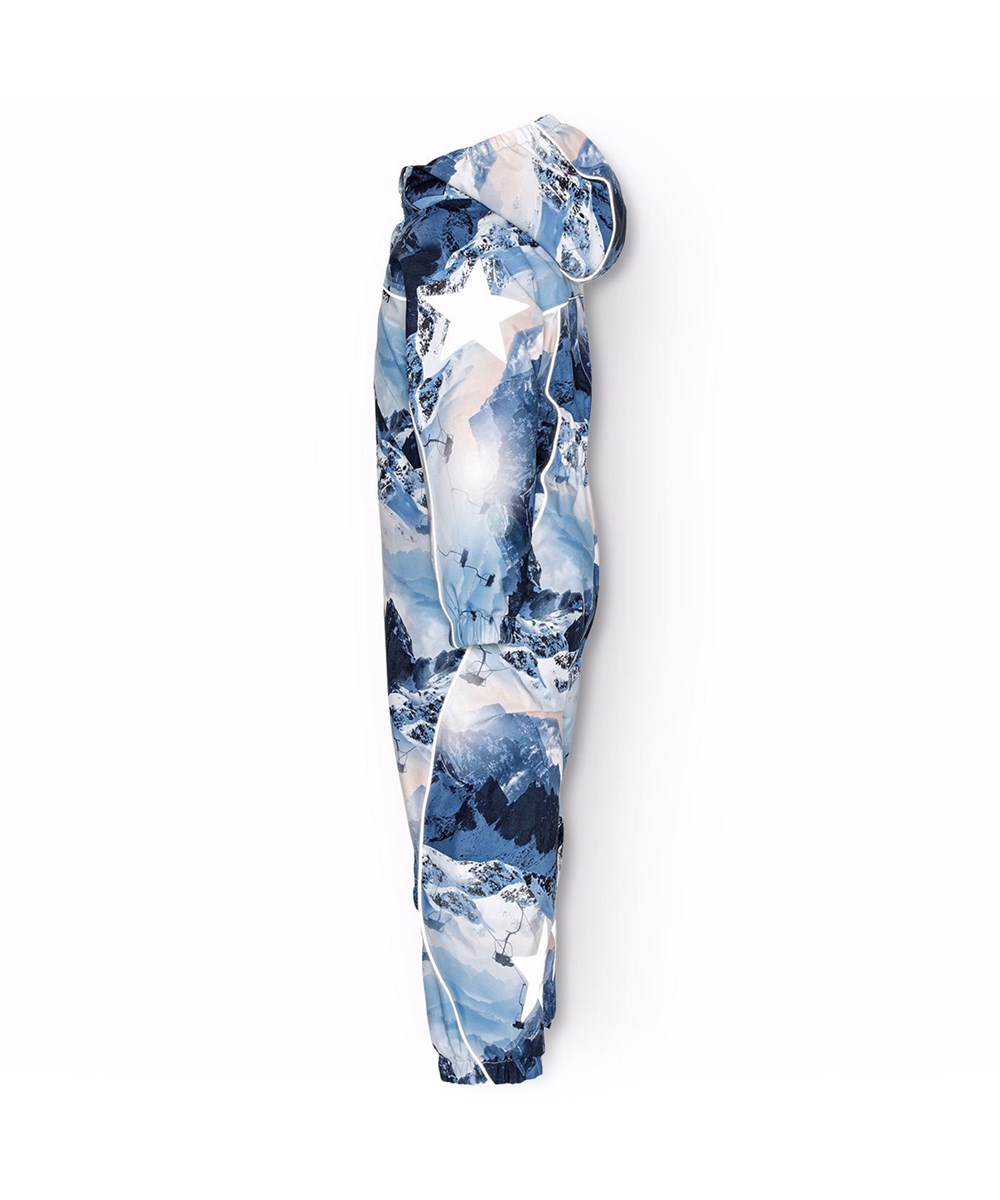 Polaris - Mountain High - Children's snowsuit in recycled polyester with a beautiful print of snow-covered Alps in shades of blue.