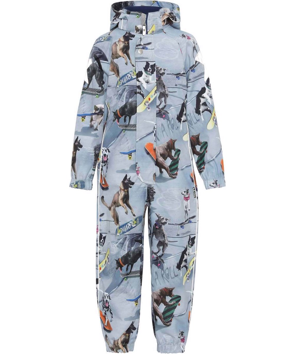 Polly - Doggy Blue Town - Functional, recycled and lightweight suit with skating dogs 