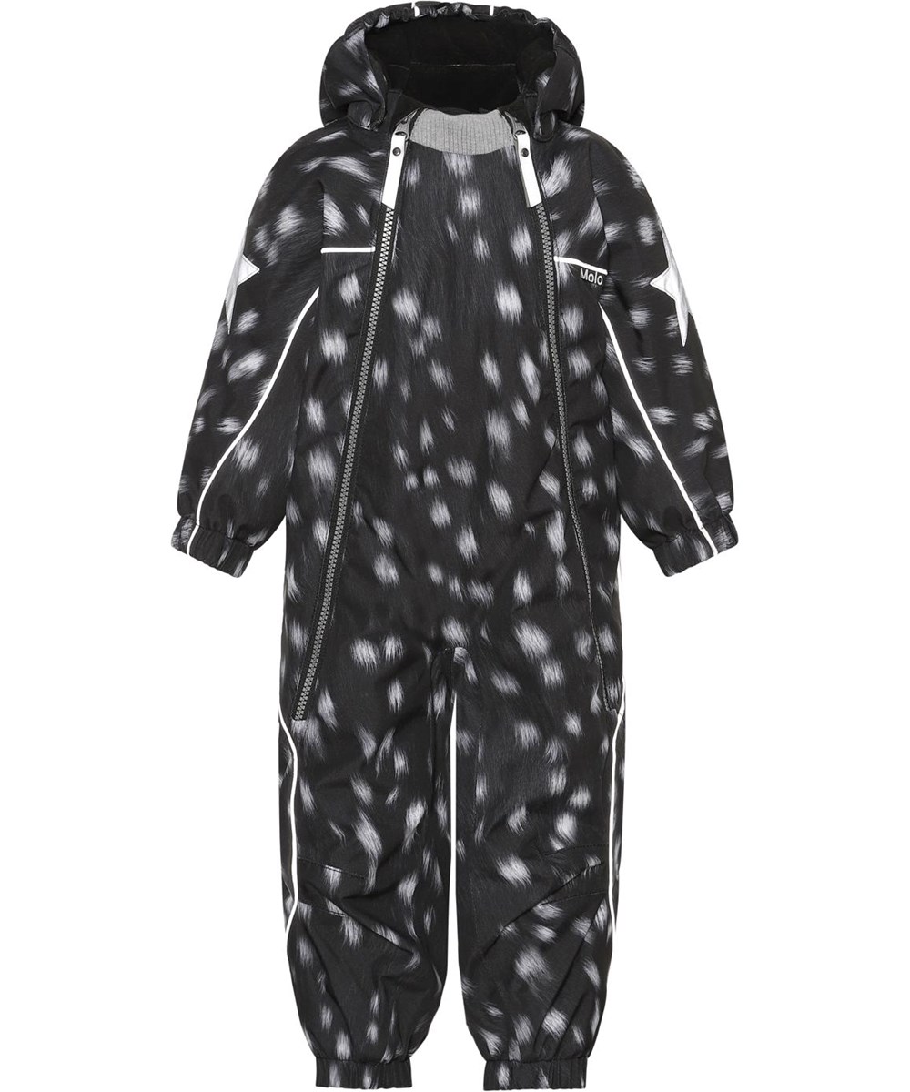 Pyxis - Black Fawn - Recycled baby snowsuit in black with white spots 