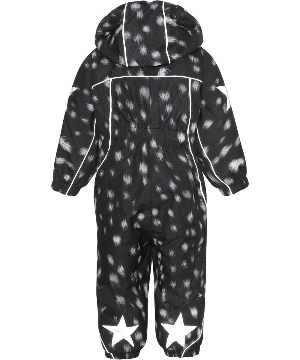 Pyxis - Black Fawn - Recycled baby snowsuit in black with white spots 