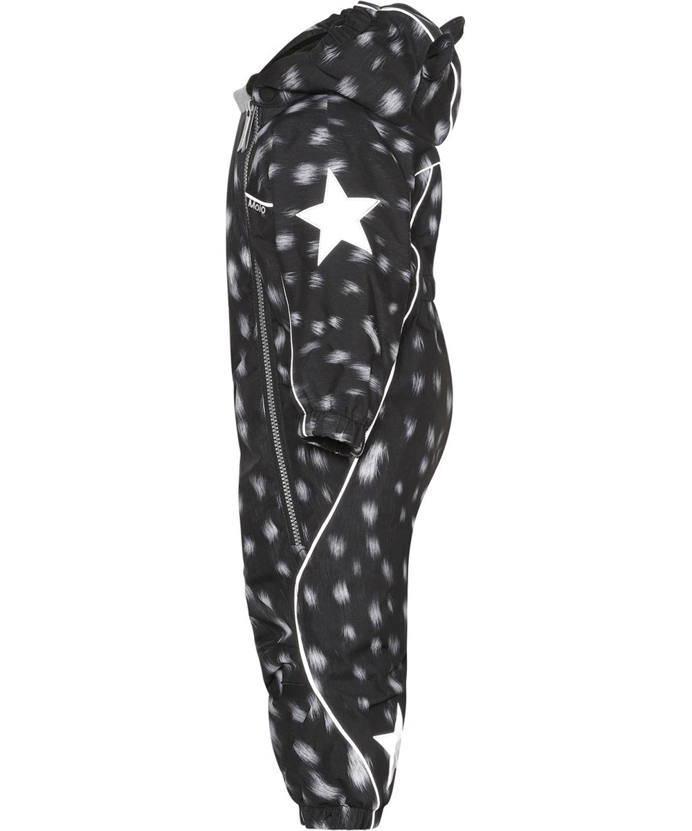 Pyxis - Black Fawn - Recycled baby snowsuit in black with white spots 