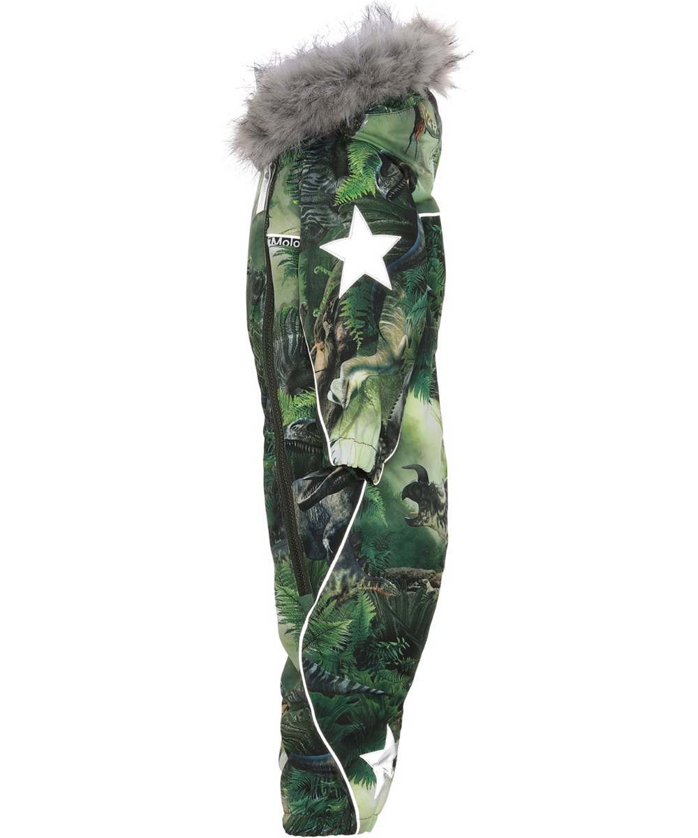 Pyxis Fur - Dino Forest - Recycled green snowsuit with dinosaur print fur