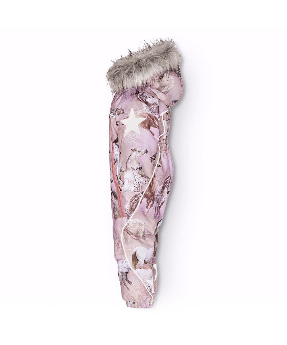 Pyxis Fur - Dreamy Horses - Children's snowsuit in recycled polyester with a print of horses in pink and purple shades.