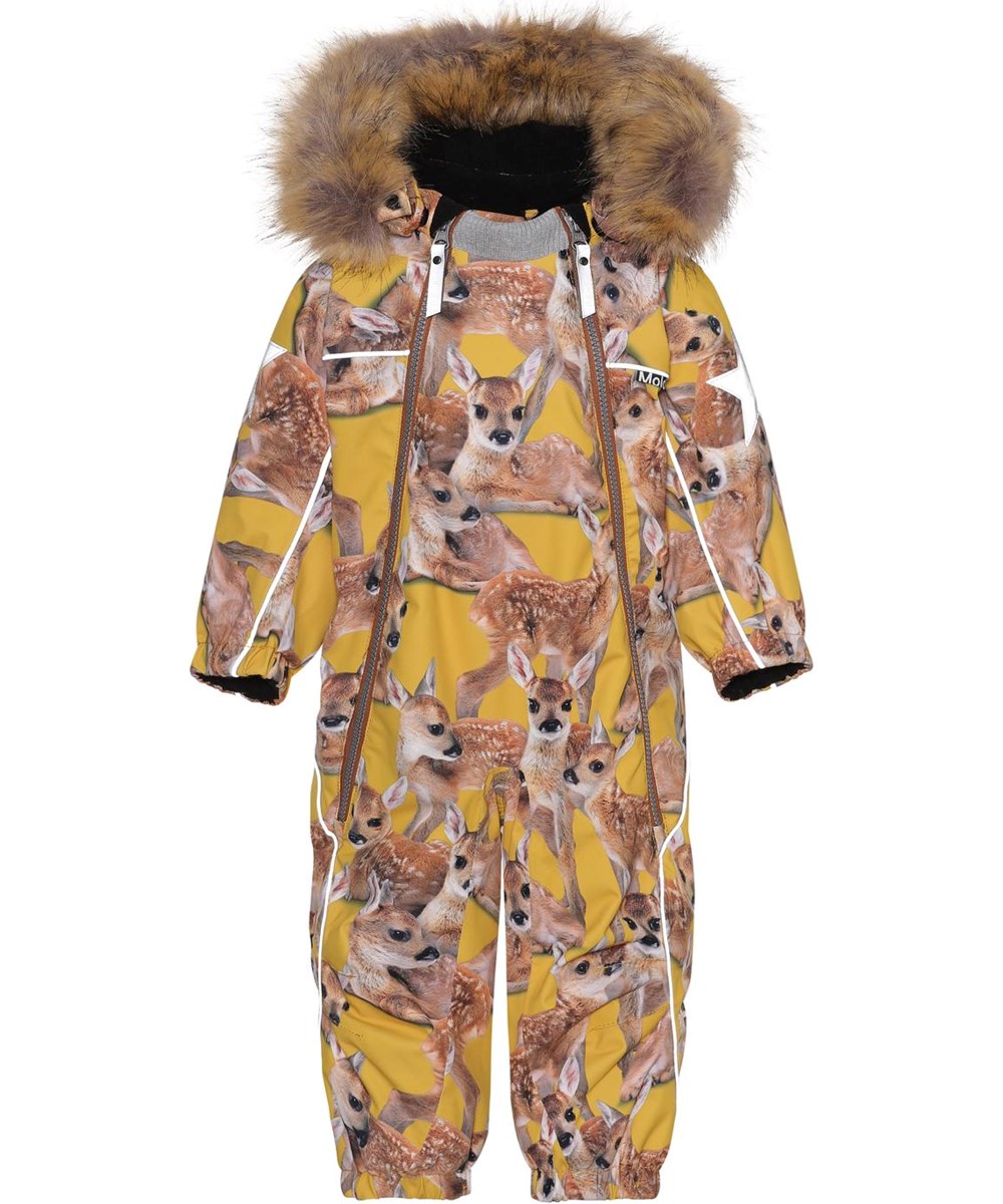Pyxis Fur - Fawns - Recycled baby snowsuit in yellow with deer print 