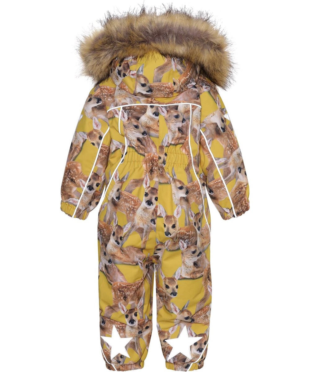 Pyxis Fur - Fawns - Recycled baby snowsuit in yellow with deer print 