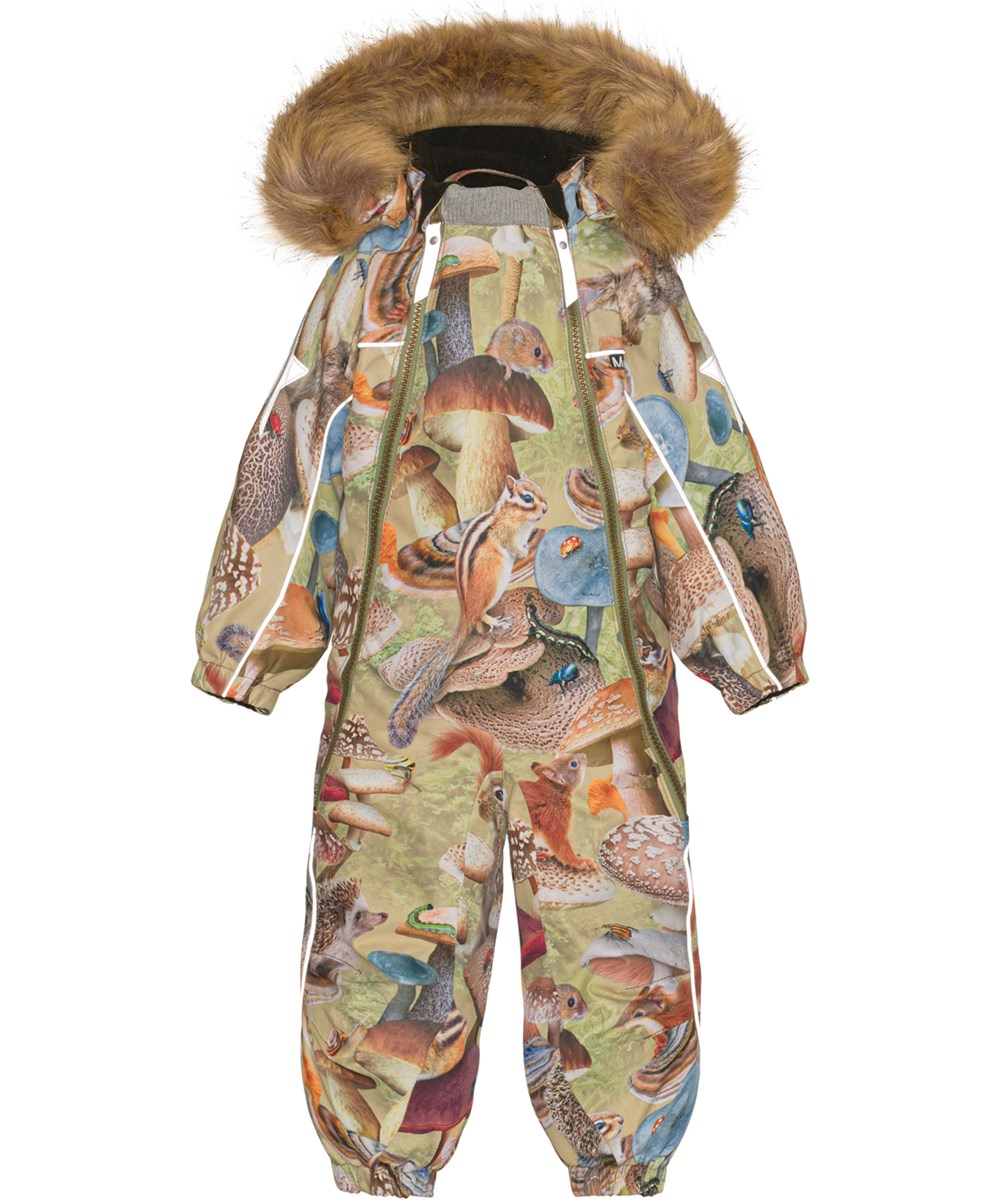 Pyxis Fur - Fungi Habitat - Recycled snowsuit with a print of animals and mushrooms