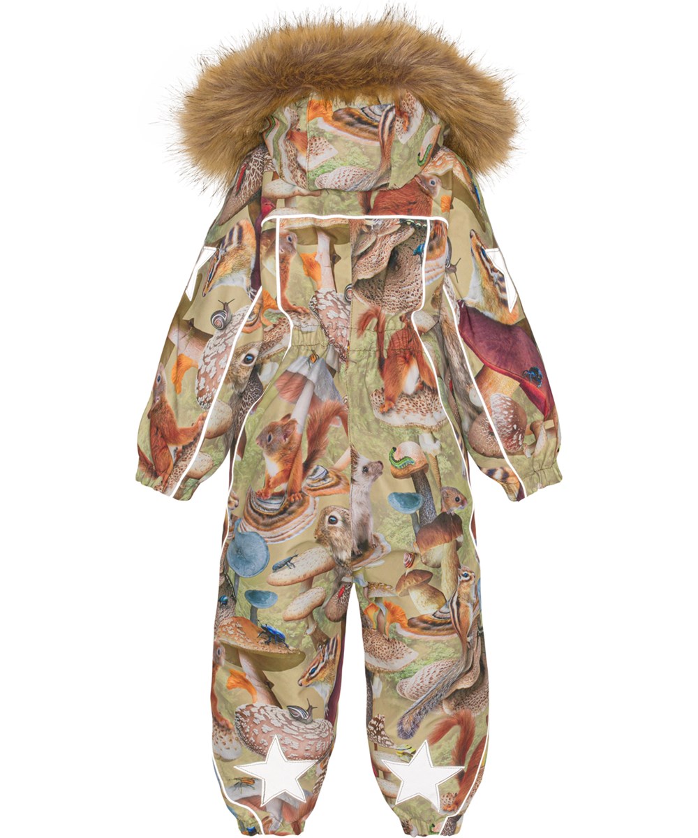 Pyxis Fur - Fungi Habitat - Recycled snowsuit with a print of animals and mushrooms