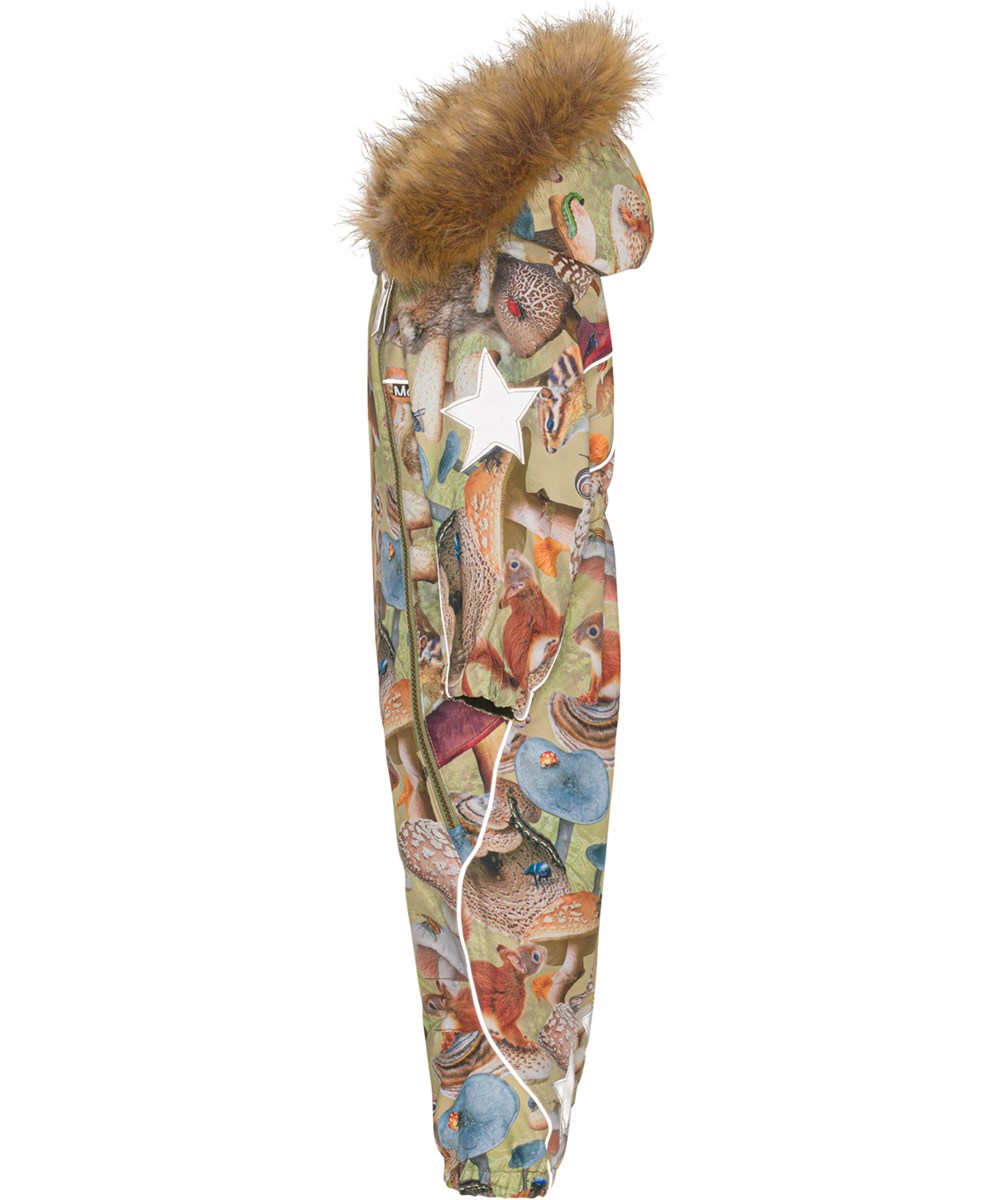 Pyxis Fur - Fungi Habitat - Recycled snowsuit with a print of animals and mushrooms