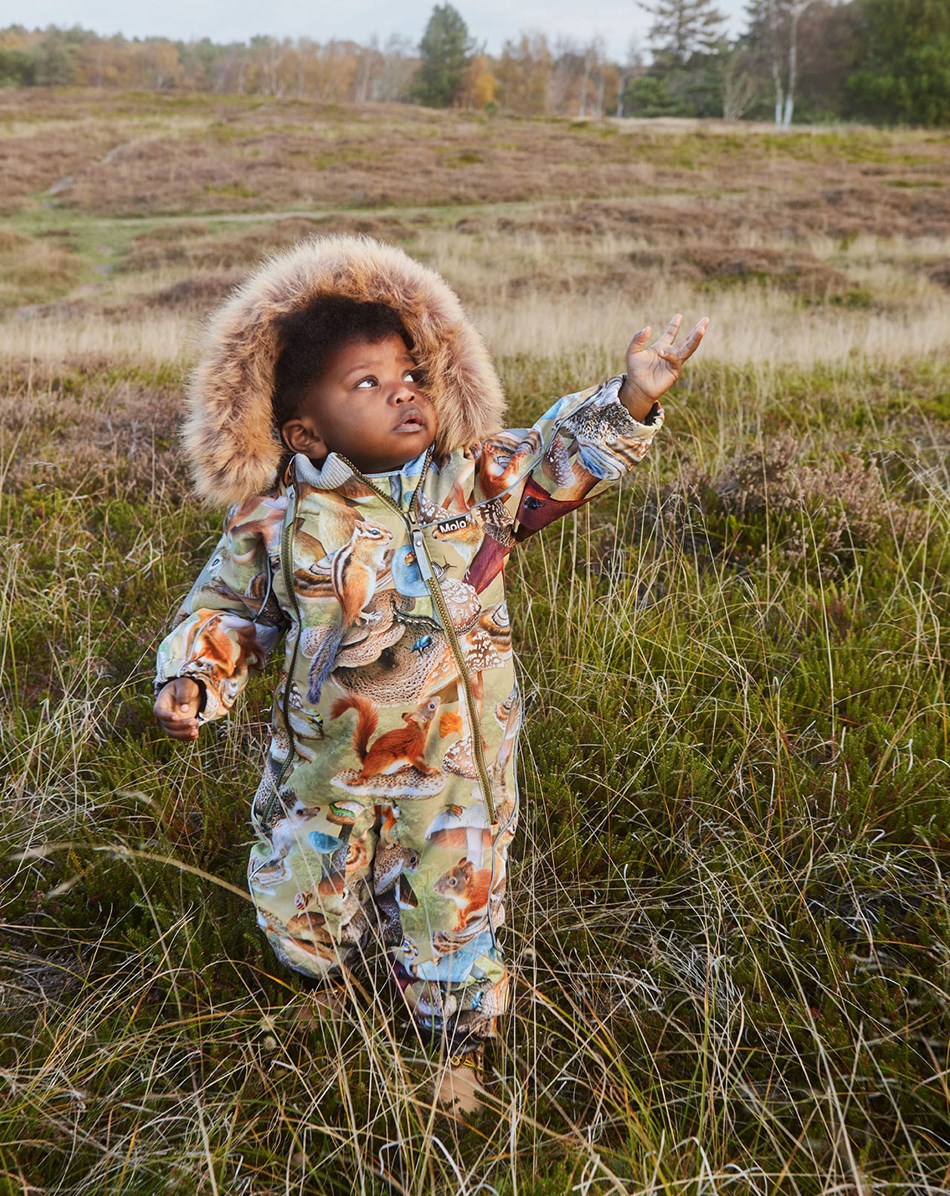 Pyxis Fur - Fungi Habitat - Recycled snowsuit with a print of animals and mushrooms