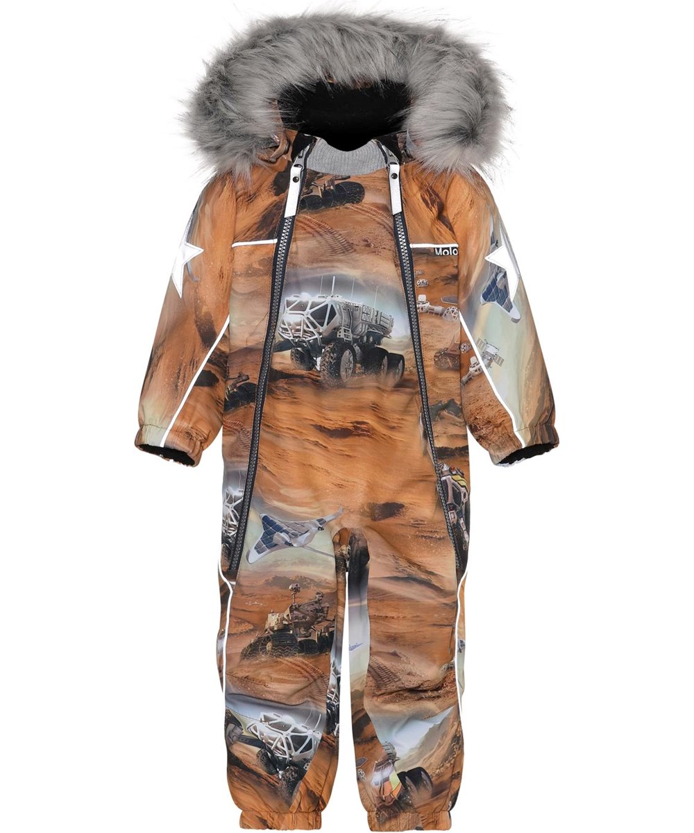 Pyxis Fur - Mars - Recycled baby snowsuit in brown with Mars print 