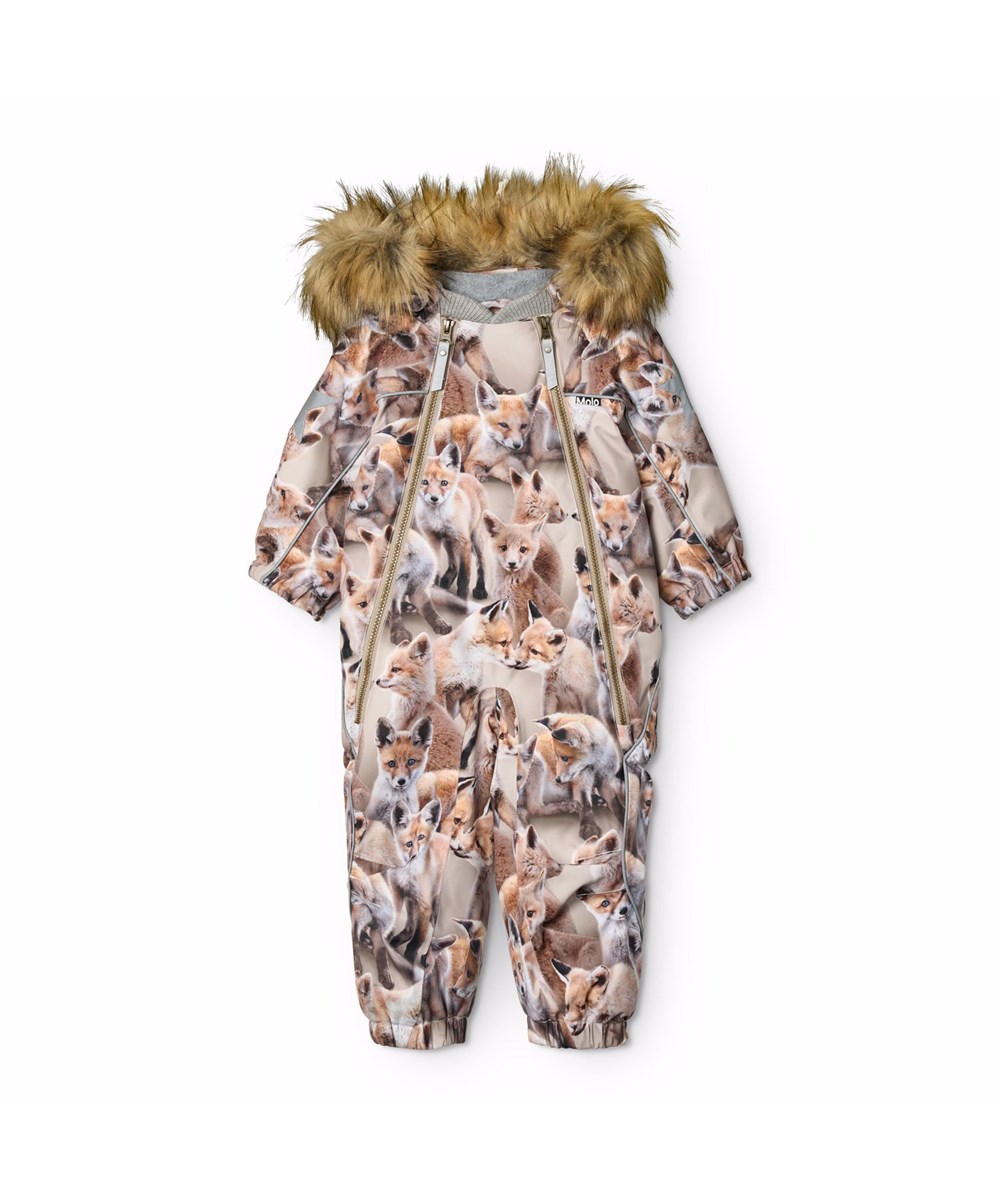Pyxis Fur - Playing Foxes - Wind and waterproof snowsuit for a cold winter with a print of fox cubs in brown shades made from recycled polyester and padded with 3M™ Thinsulate™.