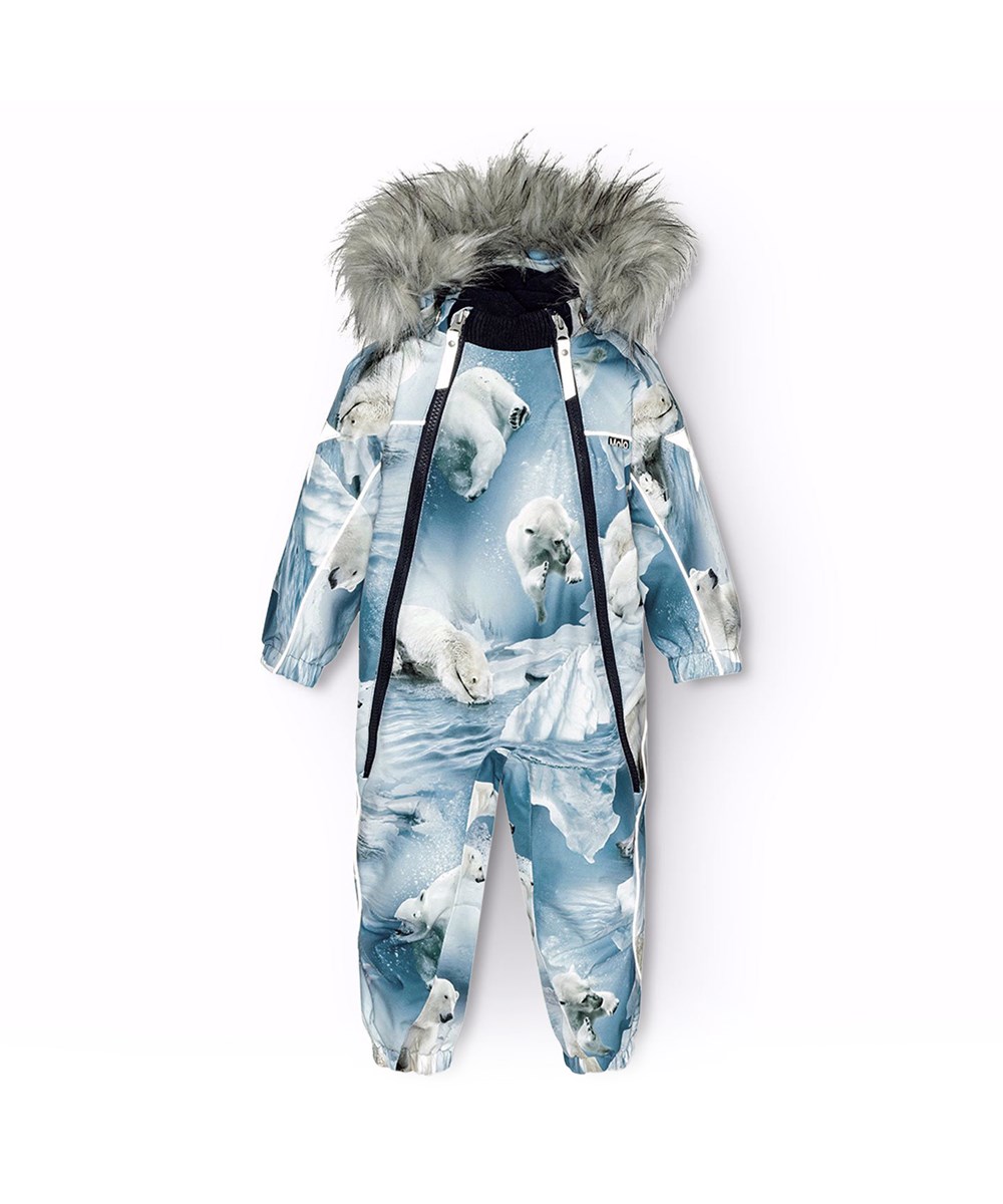 Pyxis Fur - Polar Bear Joy - Children's snowsuit in recycled polyester with a print of playful polar bears among ice floes in shades of blue.